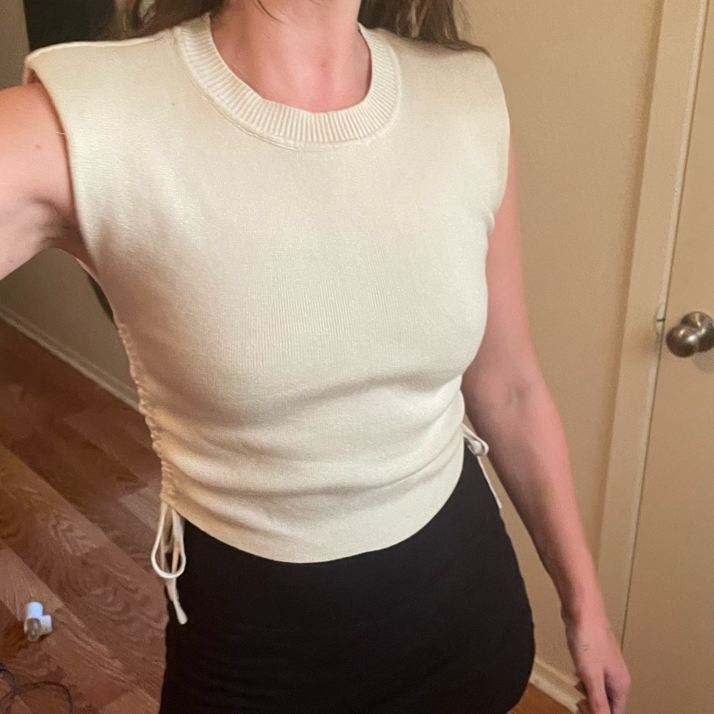 Ralphie Knit Side Tie Ruched Sleeveless Top | Beige | Small / Medium